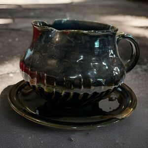 Vintage Signed 1999 Studio Art Pottery Glazed Stoneware Gravy Boat and Plate